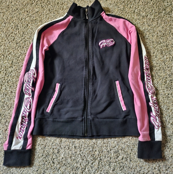 Harley-Davidson Black and Pink Bomber Jacket with Stand-up Collar - Picture 1 of 4